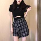 Setl Short-sleeve Crop Top + Plaid A-line Skort