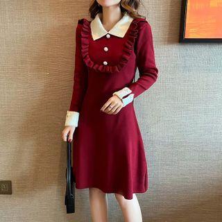 Ruffled Polo-neck Knit Dress