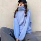 Turtle-neck Loose-fit Zip Sweater / Plain Pants