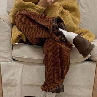 High Waist Plaid Panel Corduroy Wide Leg Pants