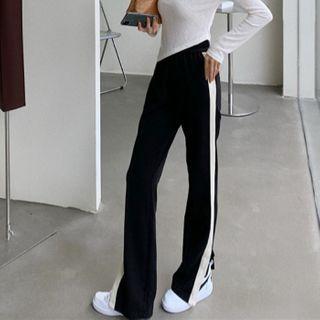 High-waist Contrast Trim Slit Straight-cut Pants