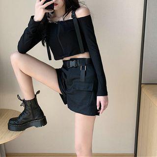 Cold-shoulder Buckled Cropped Knit Top / Short-sleeve Lace-up Cropped T-shirt / Buckled Cargo Shorts / Set