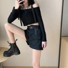 Cold-shoulder Buckled Cropped Knit Top / Short-sleeve Lace-up Cropped T-shirt / Buckled Cargo Shorts / Set