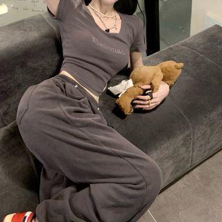 Short-sleeve Square-neck Embroidered Cropped Top / High-waist Drawstring Sweatpants
