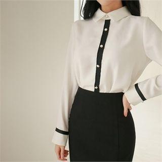 Faux-pearl Trim Contrast-trim Blouse