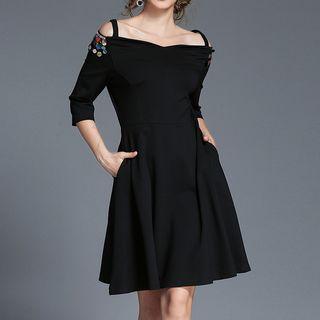 Sequined Cold Shoulder 3/4-sleeve A-line Dress