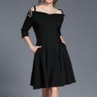 Sequined Cold Shoulder 3/4-sleeve A-line Dress