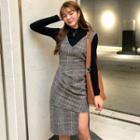 Long-sleeve Knit Top / Plaid Asymmetrical Pinafore Dress
