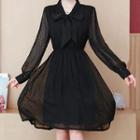Long-sleeve Dotted Tie-neck A-line Dress