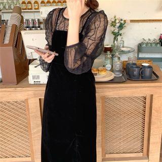 Mock-neck Long-sleeve Mesh Top / Plain Pinafore Dress