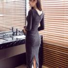 V-neck Back-slit Long-sleeve Midi Knit Dress