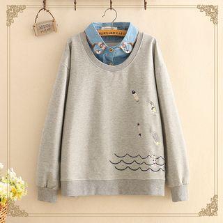 Inset Denim Shirt Embroidered Long-sleeve Sweater