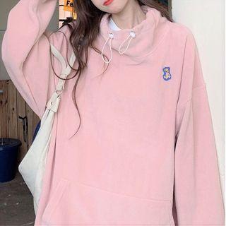 Mock-neck Long-sleeve Bear Printed Sweatshirt
