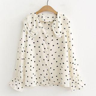 Heart Pattern Chiffon Shirt Beige - One Size