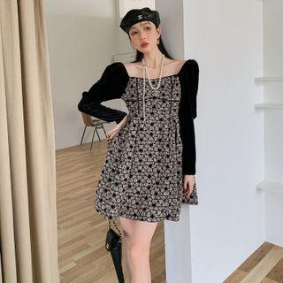Square-neck Floral Panel Mini A-line Dress