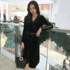 V-neck Lace Trim Long-sleeve Dress / Faux-pearl Detail Skinny Belt