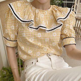 Elbow-sleeve Ruffled Gingham Blouse