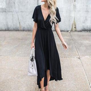 Short-sleeve V-neck Plain Sheath Dress