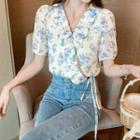 Puff Sleeve V-neck Floral Print Pleated Trim Chiffon Blouse