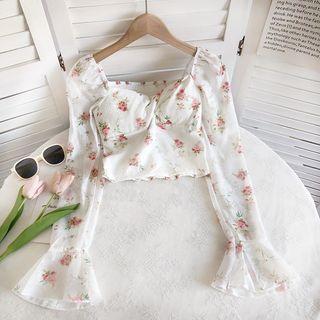 Floral Cropped Blouse Red Floral - White - One Size