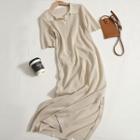 Short-sleeve Midi Knit Dress Almond - One Size