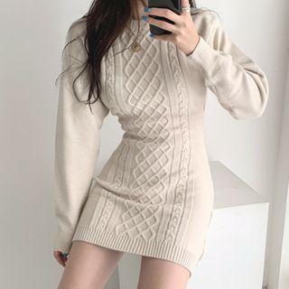 Balloon-sleeve Mini Cable Knit Sweater Dress