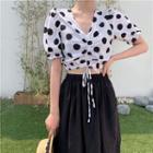 Short-sleeve Dotted Blouse / High Waist Midi A-line Skirt