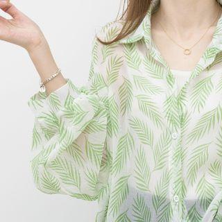 Polo Collar Print Chiffon Cardigan Green - One Size
