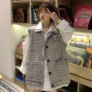Frayed Plaid Button-up Vest / Long-sleeve Cold-shoulder Shirt