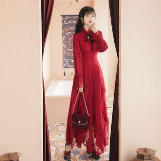 Mock-turtleneck Bell-sleeve A-line Maxi Lace Dress