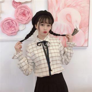 Stand-collar Bell-sleeve Gingham Blouse