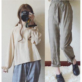 Set: Ruffle Trim Blouse + Plaid Pants
