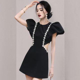 Short-sleeve Rhinestone Cutout Mini Dress