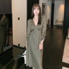 Long-sleeve Checked V-neck Midi A-line Dress