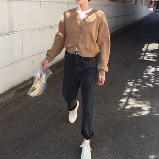 Plain Cardigan / High-waist Straight-fit Jeans