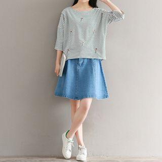 Flower Embroidered Striped 3/4 Sleeve T-shirt