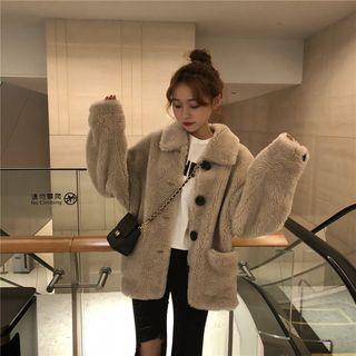 Furry Collared Single-breasted Coat Light Khaki - One Size
