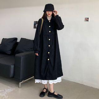 Corduroy Long-sleeve Loose-fit Dress / Lace Skirt