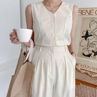 Linen Set: Buttoned Vest + Wide-leg Pants
