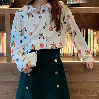 Long-sleeve Vegetable-print Blouse As Shown In Figure - One Size