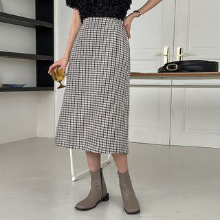 Slit-back Houndstooth Long Skirt