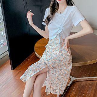 Set: Short-sleeve Drawstring Top + Sleeveless Floral A-line Dress