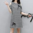 Short-sleeve Cold-shoulder Gingham Mini A-line Dress