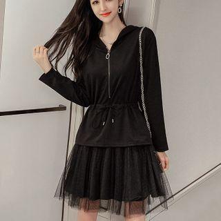 Half-zip Long-sleeve Hooded Mini A-line Mesh Dress