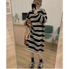 Long-sleeve Striped Loose-fit Knit Dress Black - One Size