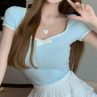 Square-neck Bow Cropped T-shirt