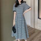 Short-sleeve Striped Midi Dress Stripe - Black & White - One Size