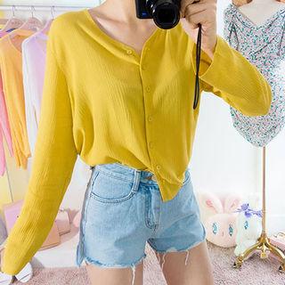 V-neck Long-sleeve Textured Blouse