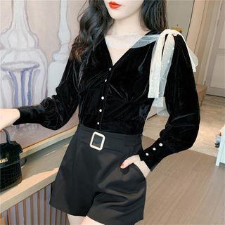Long-sleeve Mesh-tie Velvet Blouse