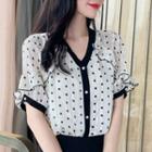 Dotted Contrast Trim Short-sleeve Chiffon Blouse